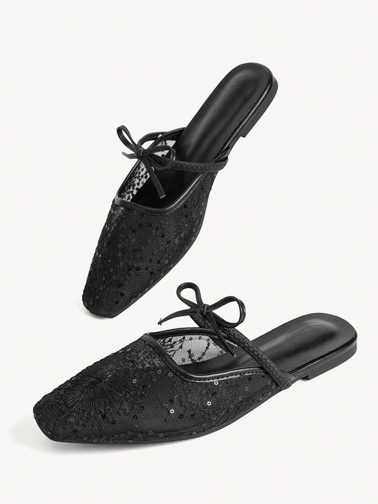 CUCCOO CHICEST Women Shoes Small Square Head Flat Bottom Black Lace Mesh Bow Breathable Women's Flat Back Empty Single Shoes Muller Shoes Light, Comfortable And Simple Commuting Daily Versatile Elegant Women's Flat Shoes