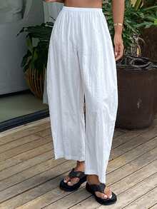 Livesso Quần pajama ống rộng màu trơn có dây rút ở eo dành cho nữ - trắng - Xem 6