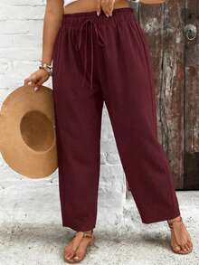 SHEIN VCAY Plus Size Casual Solid Color Drawstring Waist Tapered Pants Fall - Burgundy - View 5