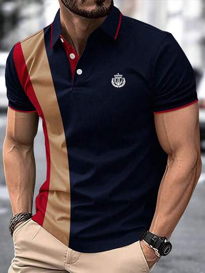 Manfinity Mode Polo de manga corta con bloques de color para hombres, adecuado para el hogar, salidas y reuniones
