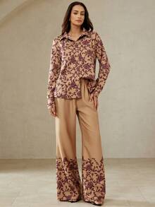 BELROSIE Classic Elegant Women's Commuting Garden Party Vacation Contrast Color Romantic Placement Print Shirt Paired With Wide Leg Pants 2 Pieces Set - Multicolor - View 1