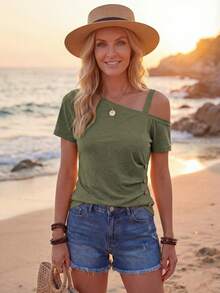EMERY ROSE Women Summer Solid Color Asymmetrical Collar Short Sleeve Casual T-Shirt With Pleats And Button Decoration - Army Green - View 4