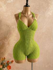 Soleia Women's Solid Color Minimalist Everyday Criss-Cross Jumpsuit - Olive Green - View 5