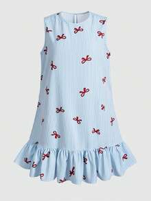 SHEIN Đầm hè dáng suông cổ tròn màu xanh trắng kẻ sọc in nơ dành cho nữ tuổi teen, có bèo nhún ở gấu. - Xanh và trắng - Xem 7