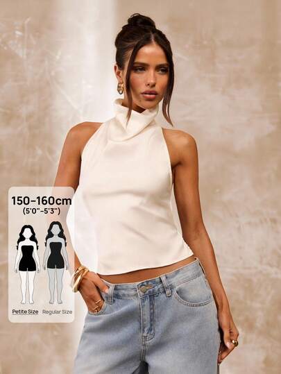 SHEIN BAE Petite Apricot Color Draped Neck Backless Women's Tank Top, Sexy & Elegant Camisole, Apricot Backless Draped Neck Women's Blouse, Summer Top