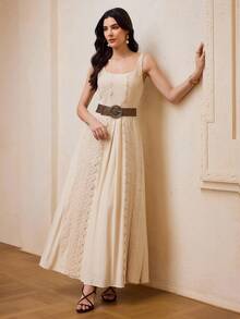 ZEYLAH Linen Embroidered Waist-Cinched Sleeveless Fitted Dress, Spring/Summer - Apricot - View 2
