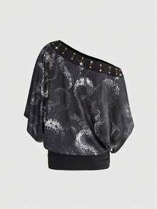 ROMWE Goth 度假宝贝章鱼腿印花宽松不对称肩部铆钉设计迷你紧身连衣裙 - 彩色 - 查看 2