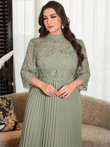 Modelyn Plus Size Solid Color Embroidered Pleated A-Line Casual Dress For Women Fall - Green - View 5