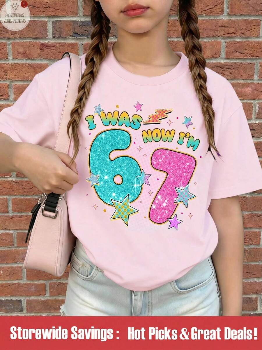 SHEIN 1件女童休闲时尚创意独特清新简约数字67粉色星星字母标语印花舒适基础款短款T恤,温暖舒适的夏秋季款式,适合女孩穿着 - 粉色 - 查看 1
