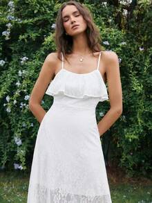 Franclia Women's New White Ruffled Elegant Romantic Lace Spaghetti Strap Maxi A-Line Dress - White - View 1