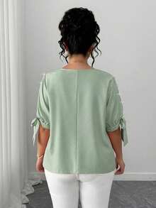 Elenzga Áo kiểu nữ cỡ lớn thanh lịch, trễ vai, cổ tròn, tay lửng, bèo nhún, buộc dây, đính ngọc trai. - màu xanh lá - Xem 2