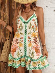 Swim Vcay Gaun Penutup Pantai Wanita dengan Tali Bahu yang Dapat Diatur, Motif Bohemian, Patchwork, dan Hem Berumbai Asimetris, Musim Panas - MultiWarna - View 5