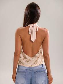 SHEIN BAE Top de camisola elegante con cuentas de perlas, cuello drapeado y tirantes finos, adecuada para vacaciones de primavera y verano, vacaciones de hermanas, atuendo de festival de música. Camisola con cuentas de perla color albaricoque, camisola elegante brillante, ropa casual de calle, Top de camisola color albaricoque, Top práctica y cómoda de llevar - Albaricoque - Ver 2