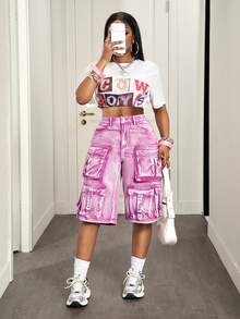 SHEIN Slayr Quần short denim ống rộng có túi hộp dành cho nữ - Hồng - Xem 5