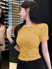 Blusa de encaje con estampado floral blanco, top corto, adecuado para boda, fiesta, festival de música, camiseta de manga corta ajustada para mujer, primavera/verano - Amarillo - Ver 4