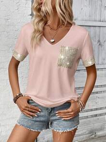 SHEIN LUNE Áo thun nữ cổ chữ V lấp lánh với họa tiết chắp vá, áo thun in hình đồ họa. - Hồng - Xem 6
