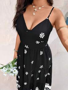 Breezaya Plus Size Women's Black Floral Print Camisole Dress, V-Neck Waist Cinched Flared Hem, Summer Vacation - Black - View 4