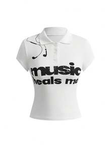 Grunge Punk 夏季标语和耳机印花紧身Polo衫T恤 - 白色 - 查看 1