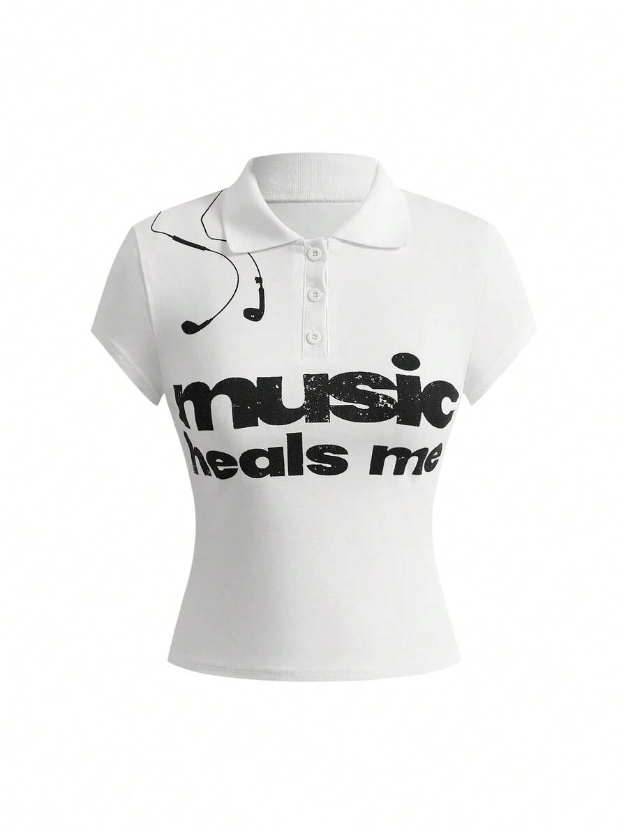Grunge Punk 夏季标语和耳机印花紧身Polo衫T恤 - 白色 - 查看 1