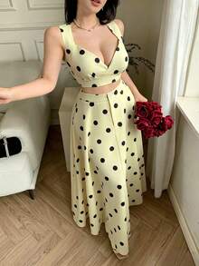 Celisse Setelan 2 Potong Atasan Camisole Motif Polkadot dan Rok Maxi Kancing Depan Modis untuk Wanita - Kuning - View 5