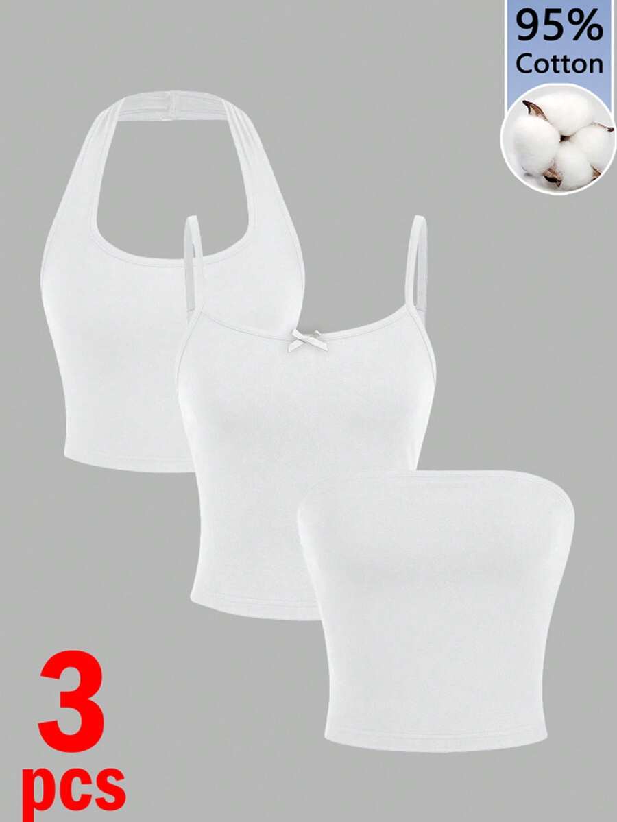 Tseoso Bộ 3 món nữ 95% cotton màu trắng cơ bản, kiểu dáng giản dị, gợi cảm gồm áo hai dây và áo ống - Phong cách cổ điển Y2K dễ thương, dịu dàng và thanh lịch, hoàn hảo cho các lễ hội phương Tây, những buổi hẹn hò ngọt ngào, tiệc trà chiều, mặc nhà thoải mái, đi học và du lịch nghỉ xuân/hè. - Nhiều màu - Xem 1