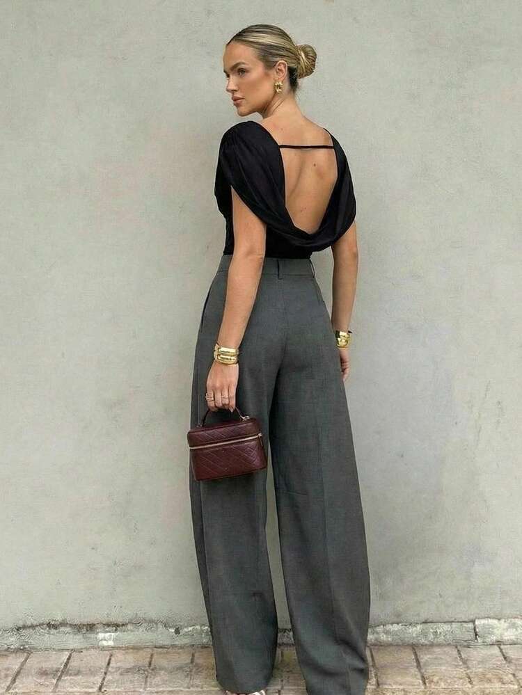 Spring/Summer Casual Pear-Shaped Women's Gray Wide-Leg Suit Pants, Petite