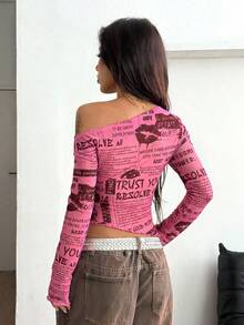 Coolane Women's Summer Cover Up Vinatge Streetwear Newspaper Pattern Graphics Stretchy Off Shoulder Asymmetrical Neck Pink Tops - Pink - View 4