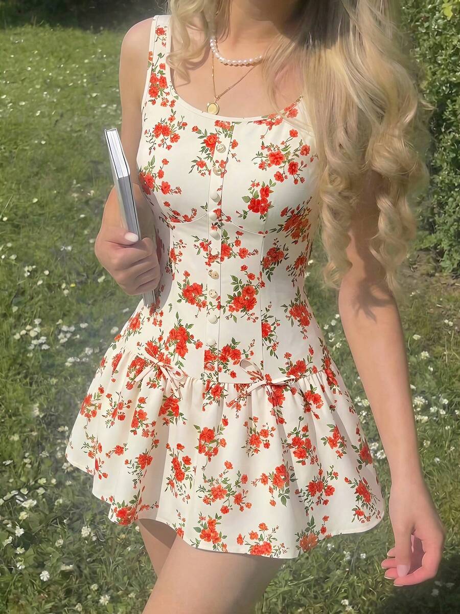 Skyraze Floral Print Low Waist Bow Tie Mini Dress - Red - View 1