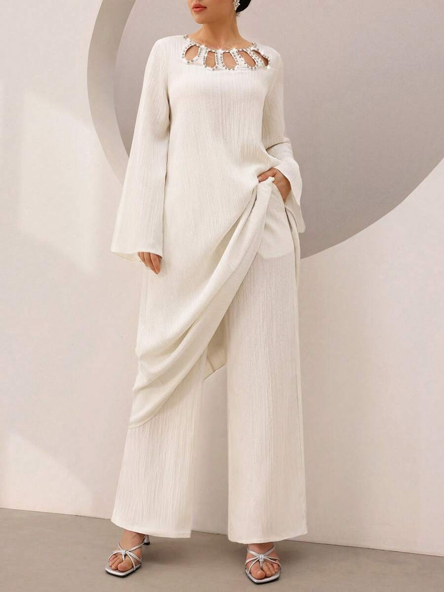 Graceveil 优雅两件套：镶钻镂空花瓣领长袖宽松休闲长袍和直筒裤，时尚设计