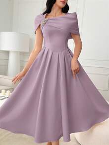 Modelyn Asymmetrical Neck Rhinestone Decor Pleated Elegant Dress For Women - Mauve Purple - View 7