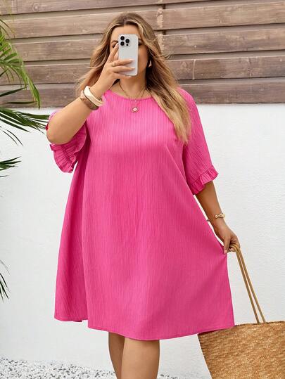 SHEIN CURVE+ Plus Size Women's Solid Color Round Neck Short Sleeve Straight Loose Casual Dress For Summer/ Vacation Summer Dress Summer Outfits Summer Clothes Spring Dress Spring Outfit Women Spring Clothing Floral Dress For Women Beach Vacation Outfits For Women Vacation Dress Bohemian Pink Dress Summer Plus Size Dress
