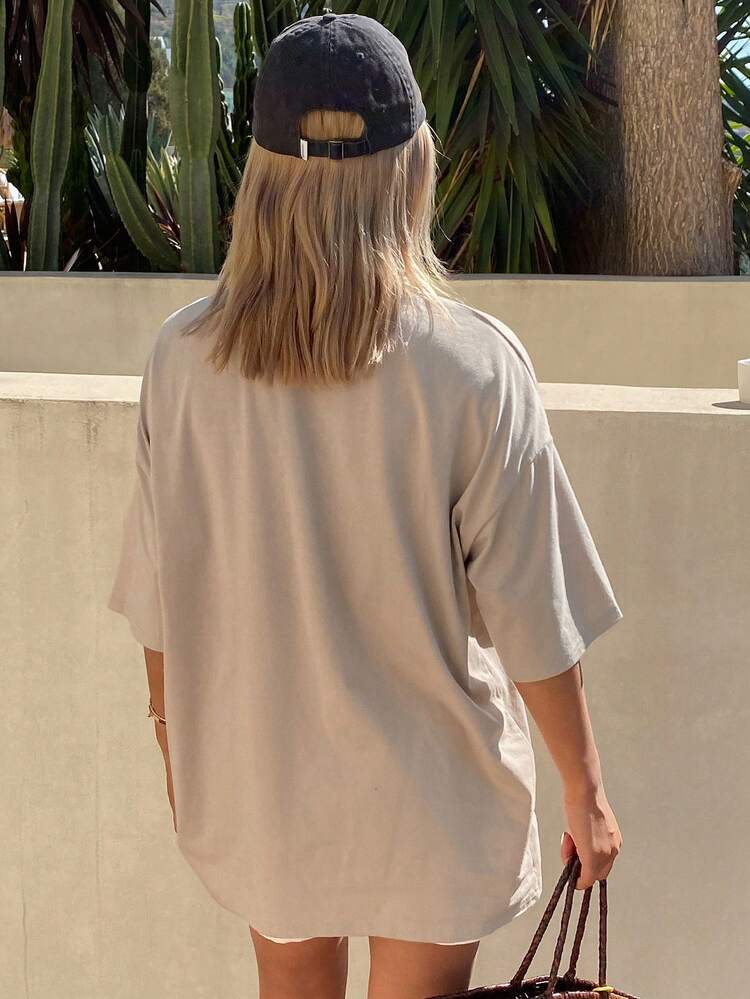 Vintage Letter Print Loose Short Sleeve Round Neck Casual Street Style Summer Top T-Shirt For Women