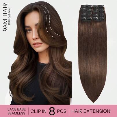 8 lọn tóc nối thẳng, 16 kẹp, 100% tóc thật, màu nâu đậm số 2, dài 12-18 inch, kiểu tóc nối đôi, kẹp vô hình, tóc thật Remy, thích hợp cho nữ và bé gái sử dụng hàng ngày, phủ kín toàn bộ đầu.