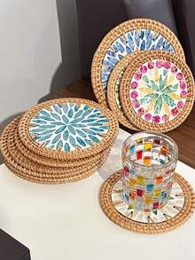 Cirelle 1pc Rattan And Mother Of Pearl Coasters, Woven Coaster Set With Shell Mosaic, Boho Heat Resistant Trivets, Decorative Round Hot Pads For Dining Table - Multicolor - View 8