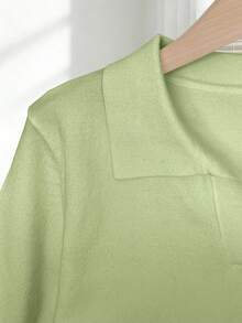 Franclia Women's Spring/Summer White Simple Casual Turndown Collar Raglan Short Sleeve Solid Color Fitted Knit Top - Green - View 4