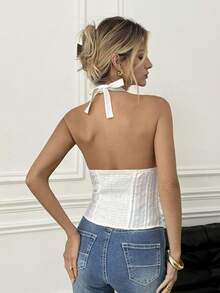 SHEIN Blusa feminina branca sexy de linho, sem mangas, com decote halter nas costas e modelagem justa. Blusa elegante de boutique para o verão. - Branco - Ver 2