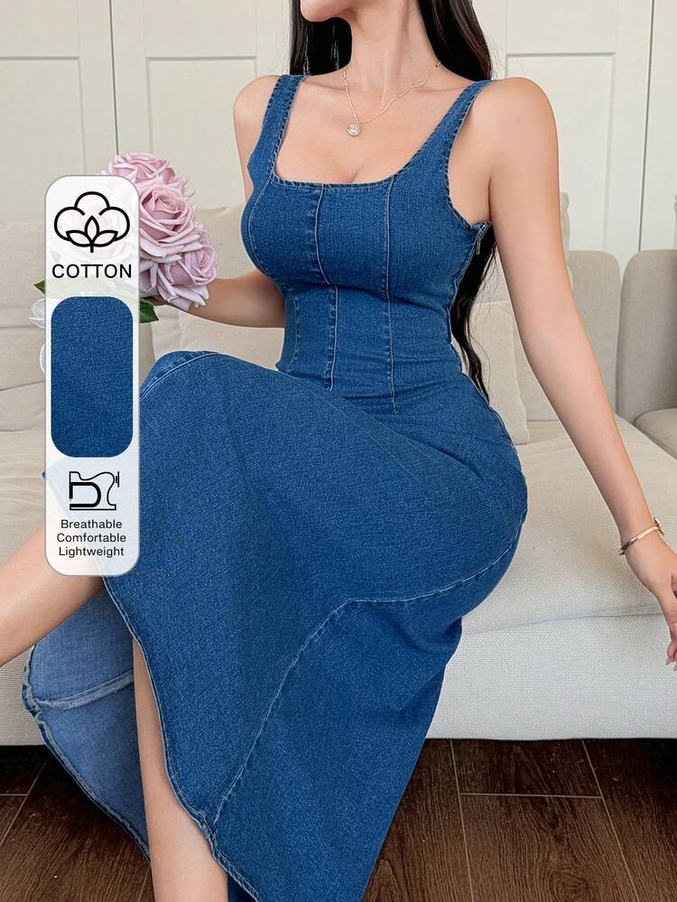 Women's Casual Solid Color Washed Denim Sleeveless Collared Dress, Summer Sun Dresses For Women