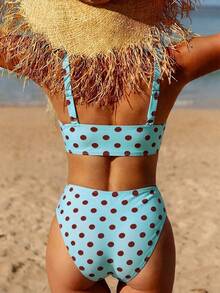 Swim Mod 2026 Spring/Summer Fashionable Sexy & Slimming Blue Base Brown Polka Dot Bikini Swimwear, Perfect For Beach Vacation - Multicolor - View 2