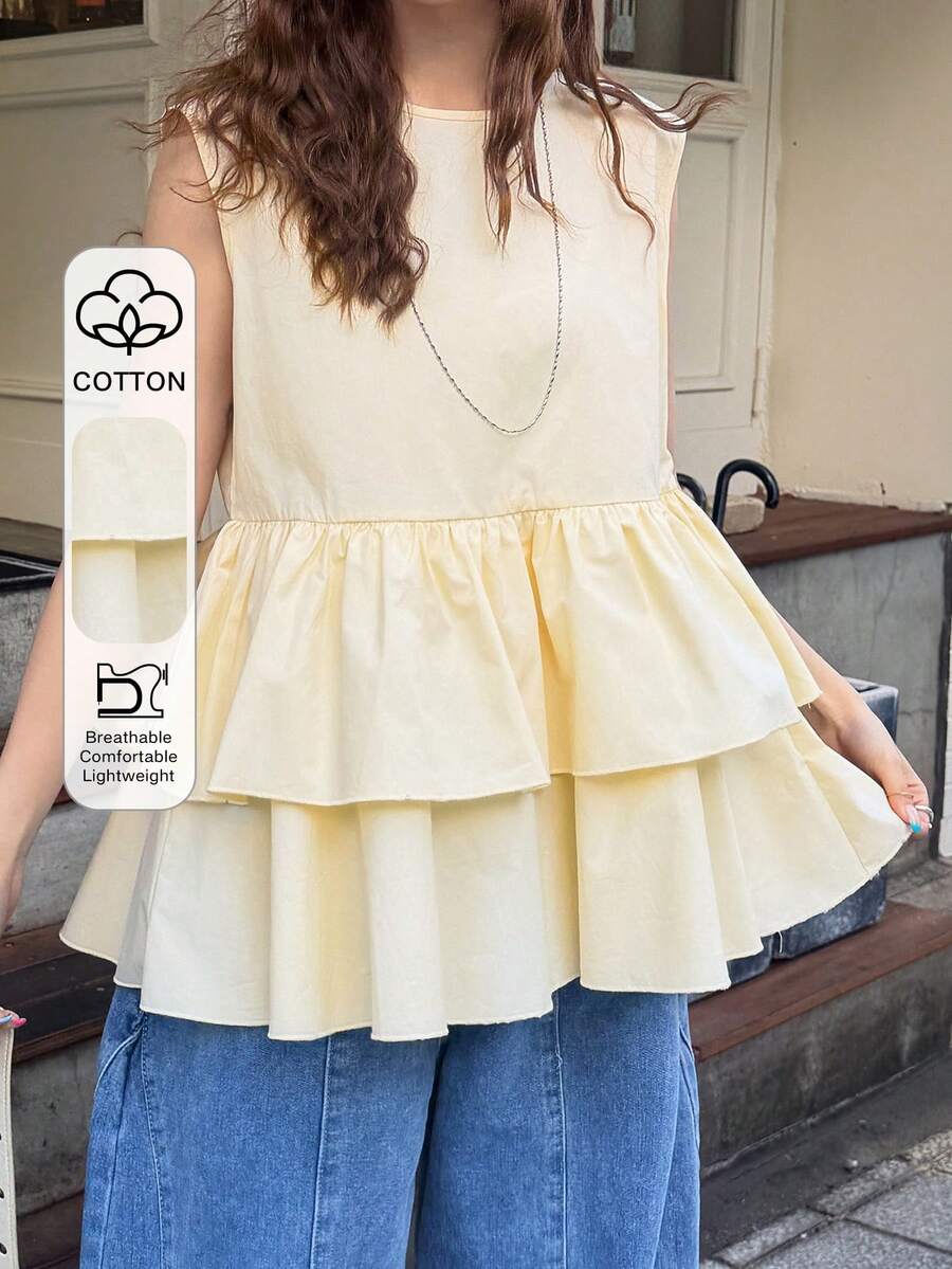 FRIFUL Áo kiểu nữ không tay, xếp tầng, viền bèo nhún, dáng rộng, thích hợp cho kỳ nghỉ hè. - Màu vàng - Xem 1