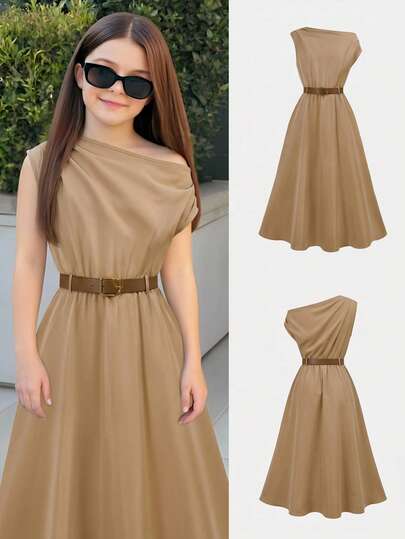 SHEIN 少女纯棕色休闲优雅不对称肩带撞色A字连衣裙，适合日常穿着