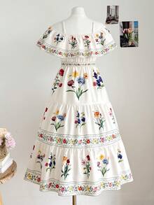 SHEIN 少女优雅露肩荷叶边领A字连衣裙，适合夏季、度假、婚礼、生日、节日等场合 - 白色 - 查看 10