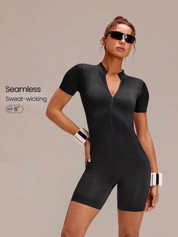 6" Ultrafine Soft Seamless Rep Ready Contour Seams Short Sleeve Zip-Up Romper Training Running Workout Gym Daily Active Wear