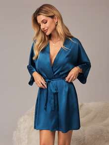 SHEIN 女士纯色系腰打结休闲家居服睡袍 - 墨綠色 - 查看 1
