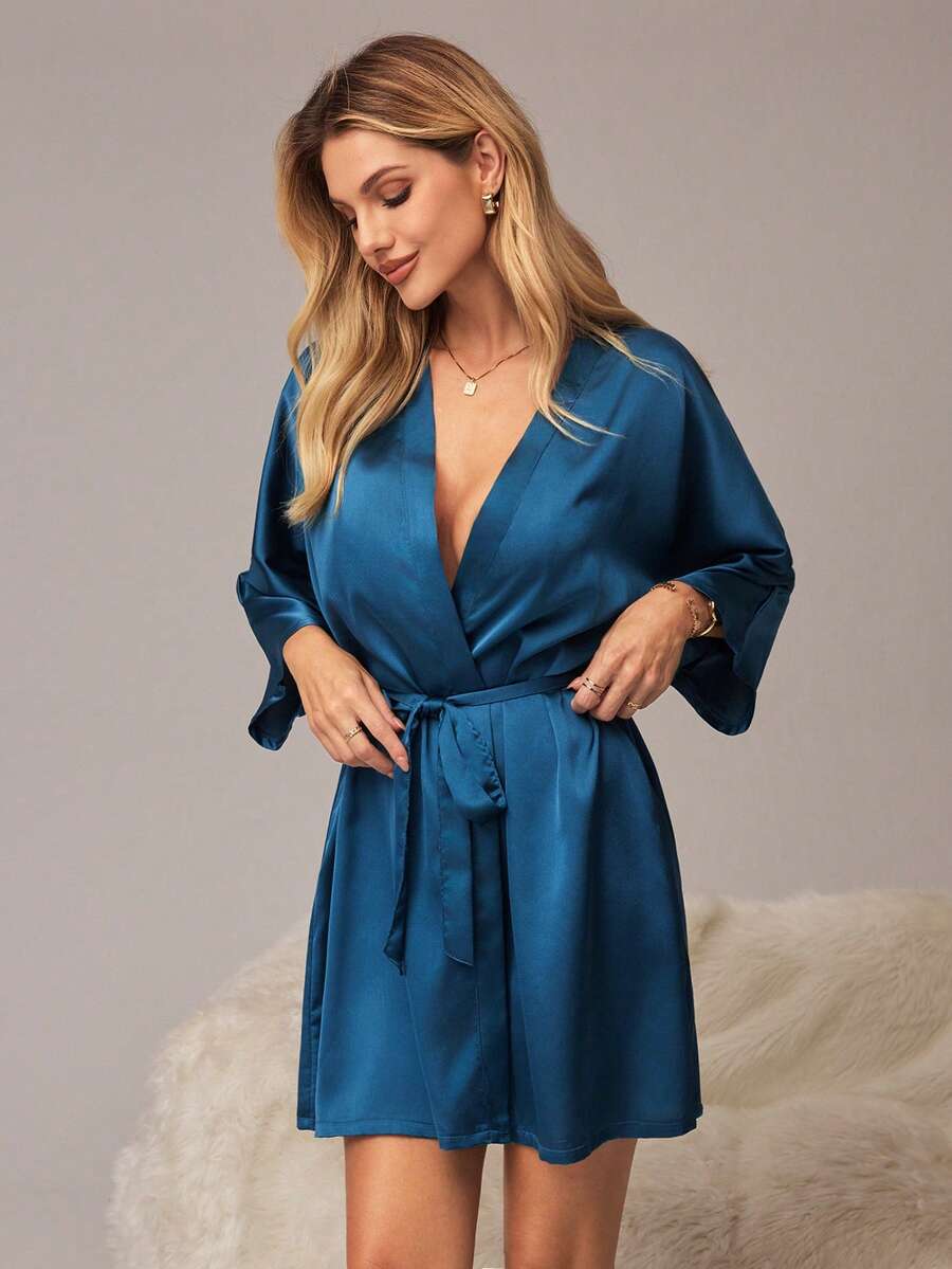 SHEIN 女士纯色系腰打结休闲家居服睡袍 - 墨綠色 - 查看 1