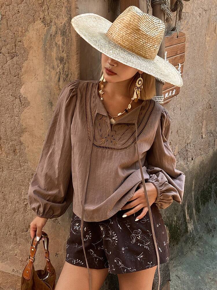 Embroidered Hollow Lace-Up Loose Long Sleeve Pullover Elegant Summer Blouse For Women