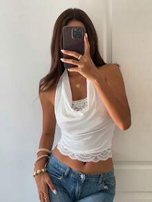 Women's Contrast Lace Slim Fit Halter Neck Elegant Vacation Summer Tank Top Vest - White - View 6