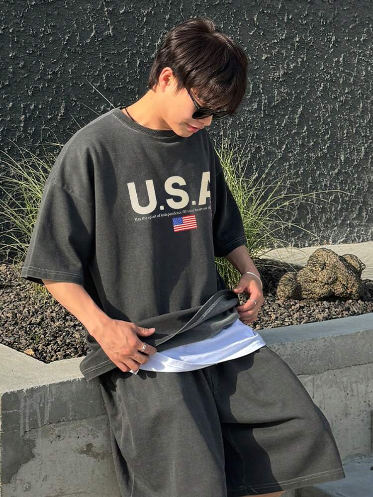 Grey Letter Print Distressed Wash Short Sleeve T-Shirt For Men, Summer