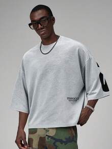 STYNVO Men's Casual Letter Print Round Neck Drop Shoulder T-Shirt - Grey - View 2