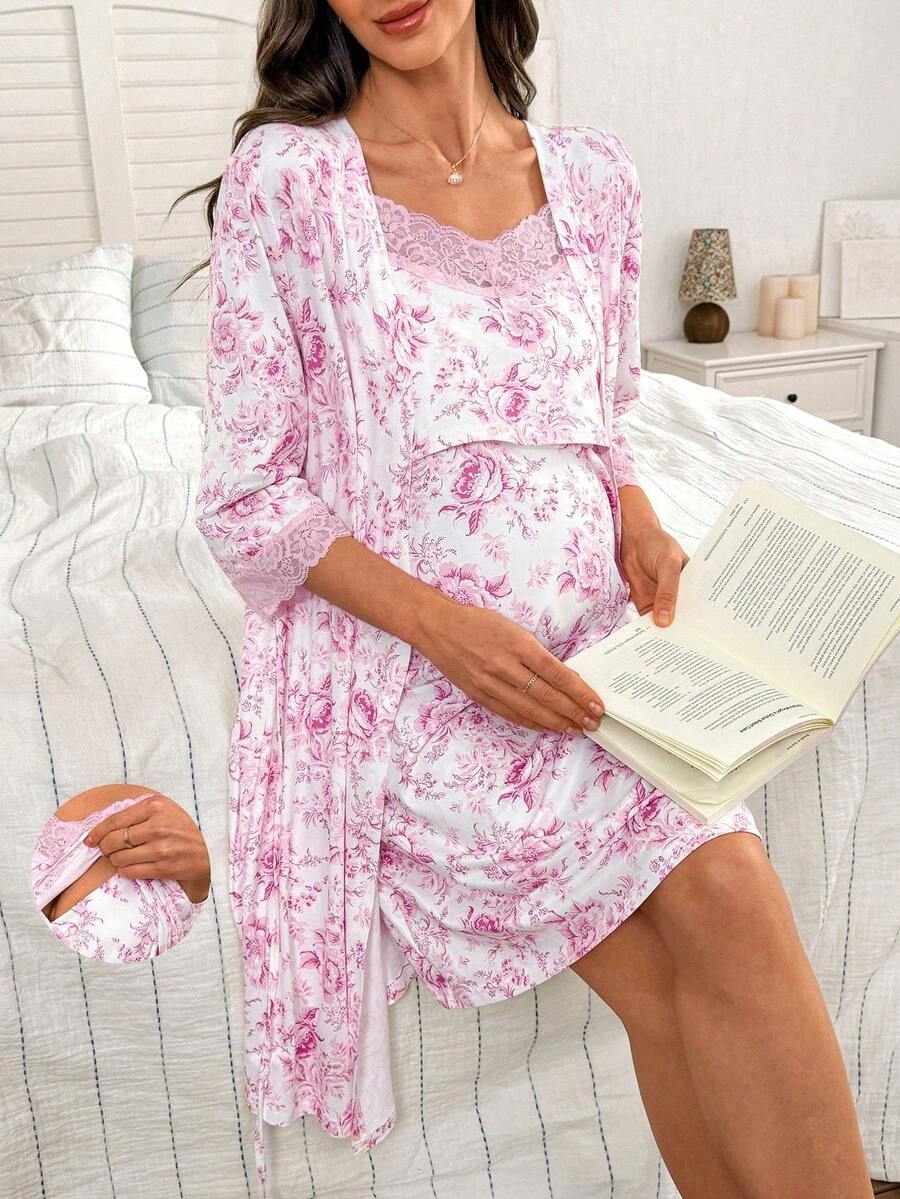 Moonlight&Mama Floral Print Lace Trim Maternity Robe & Slip Dress, Suitable For Moms To Wear Year-Round - Multicolor - View 1