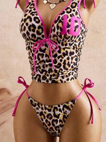 Bellisia Conjunto de camiseta y bikini sexy de mujer con estampado de leopardo, número en el pecho, cuello en V y lazo delantero - Multicolor - Ver 5